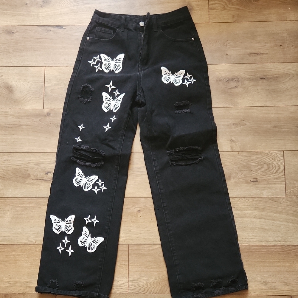 Shein Black Butterfly Embroidered Women Jeans